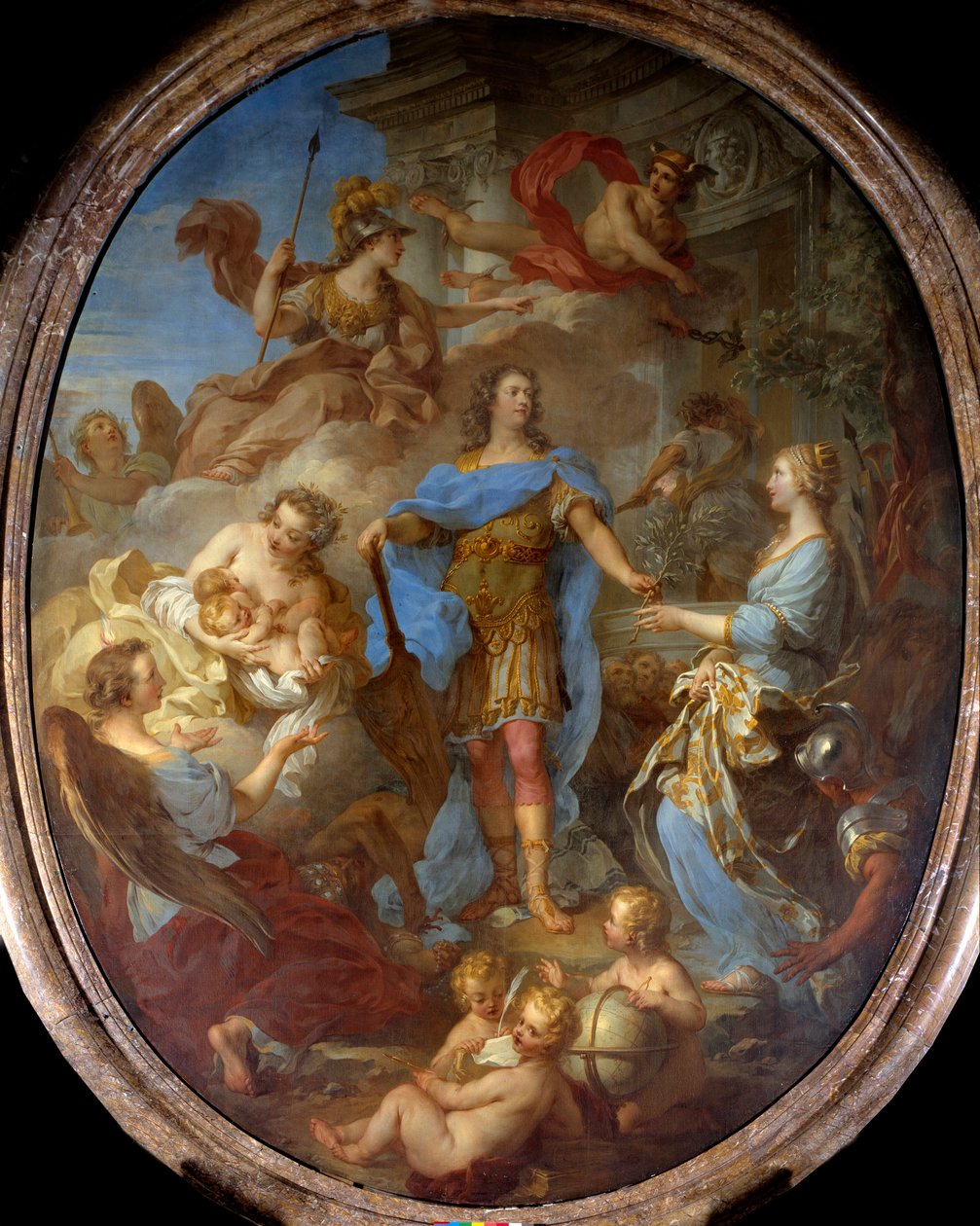 Kong Louis XV (1710-1774) gir fred til Europa Allegorie på tidspunktet for Sevilla-traktaten, gudinnen Minerva er representert. Maleri av Francois le Moyne (1688-1737) 1729 Søn. 3,82x2,95 m . av François Lemoyne