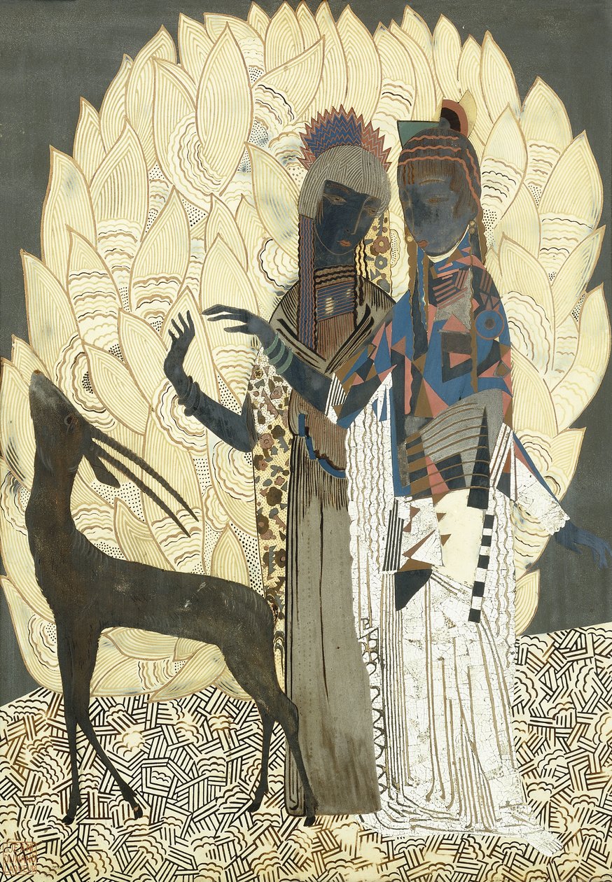 To stiliserte kvinner med en antilope blant løvverk, ca. 1928 (lakk og coquille d