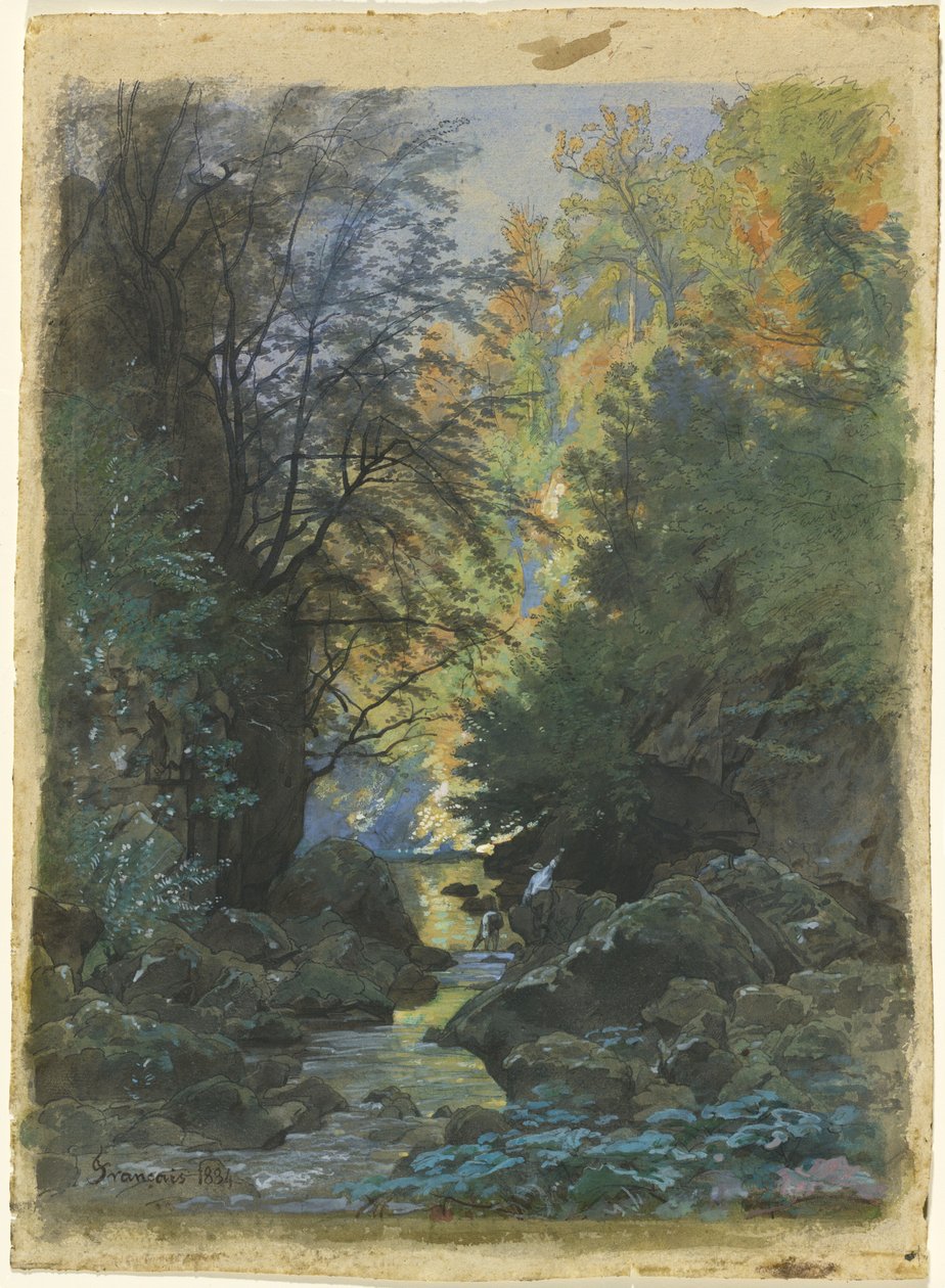 En bekk gjennom en tett skog av Francois Louis Francais