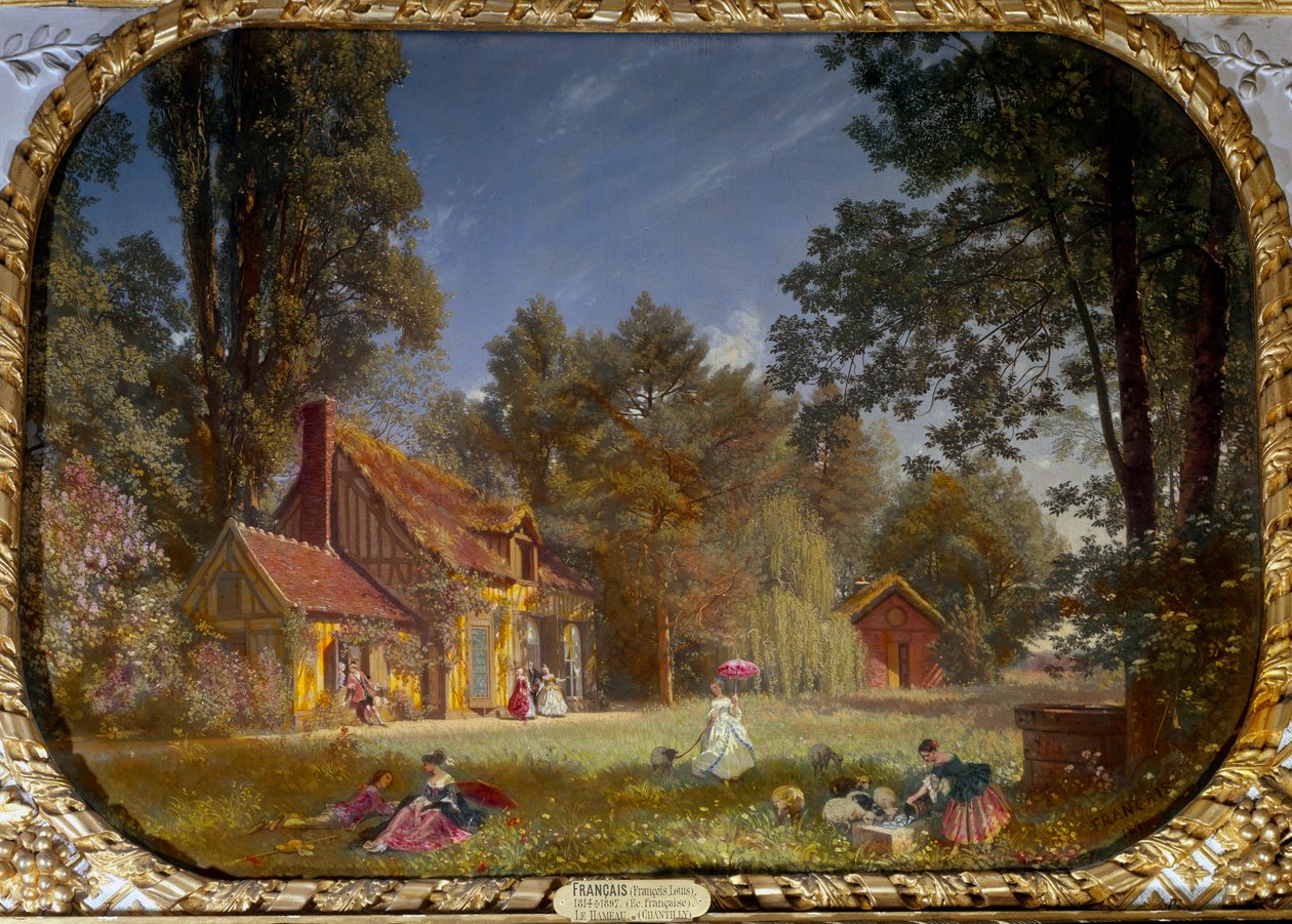 Utsikt over grenda Chantilly. Bygning bygget av arkitekten Jean Francois Leroy for prinsen av Conde mellom 1772 og 1774. Maleri av Francois Louis Francais (1814 - 1897) av Francois Louis Francais