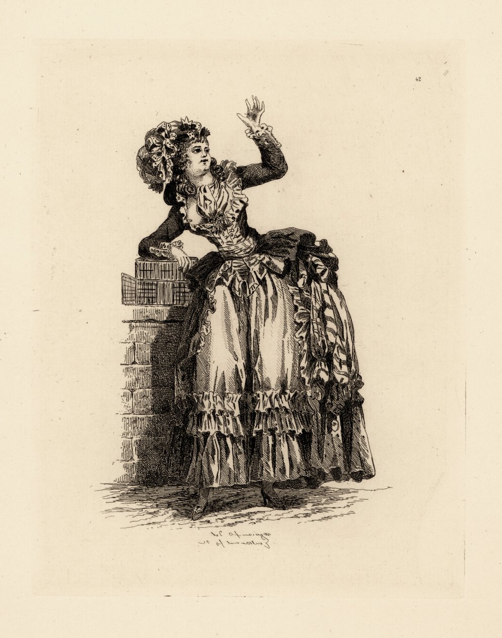 Fasjonabel kvinne i panser a la Nicolet, æra av Marie Antoinette (etsing) av Francois Louis Joseph (after) Watteau