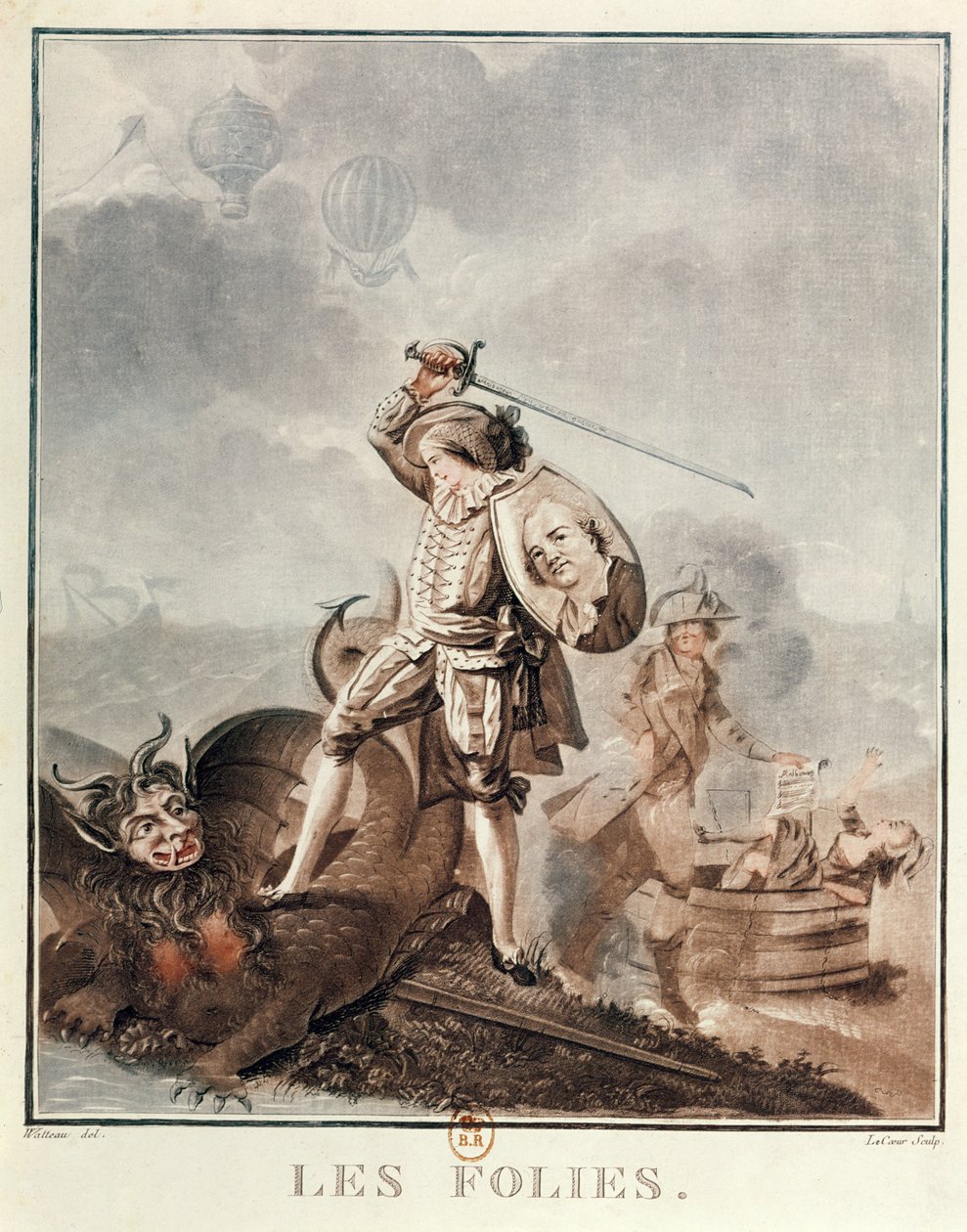 Figaro i kamp med en harpy, ca. 1786 (akvatint) av Francois Louis Joseph Watteau