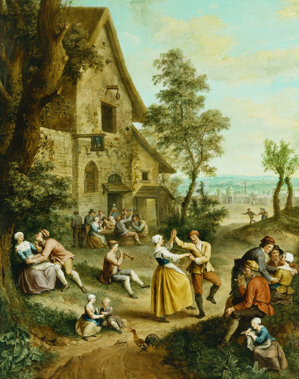 Bønder som danser og gleder seg foran en taverna, en by med bymurer bortenfor, av Francois Louis Joseph Watteau
