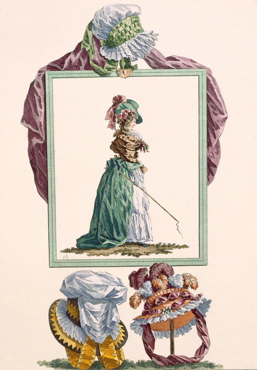 Ung kvinne kledd i pierrot caraco som holder en vognpisk, gravert av Dupin, plate nr. 238 fra 'Galeries des Modes et Costumes Francais', ca. 1778-87 av Francois Louis Joseph Watteau