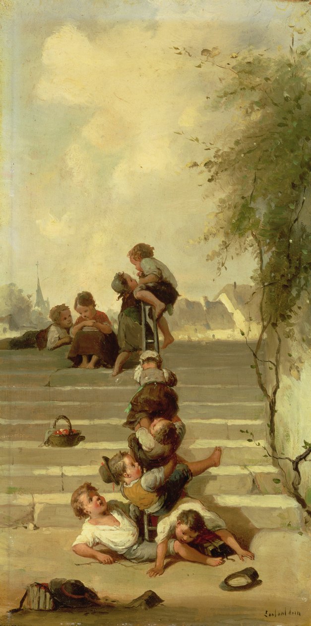 The Slide (olje på lerret) av Francois Louis Lanfant de Metz
