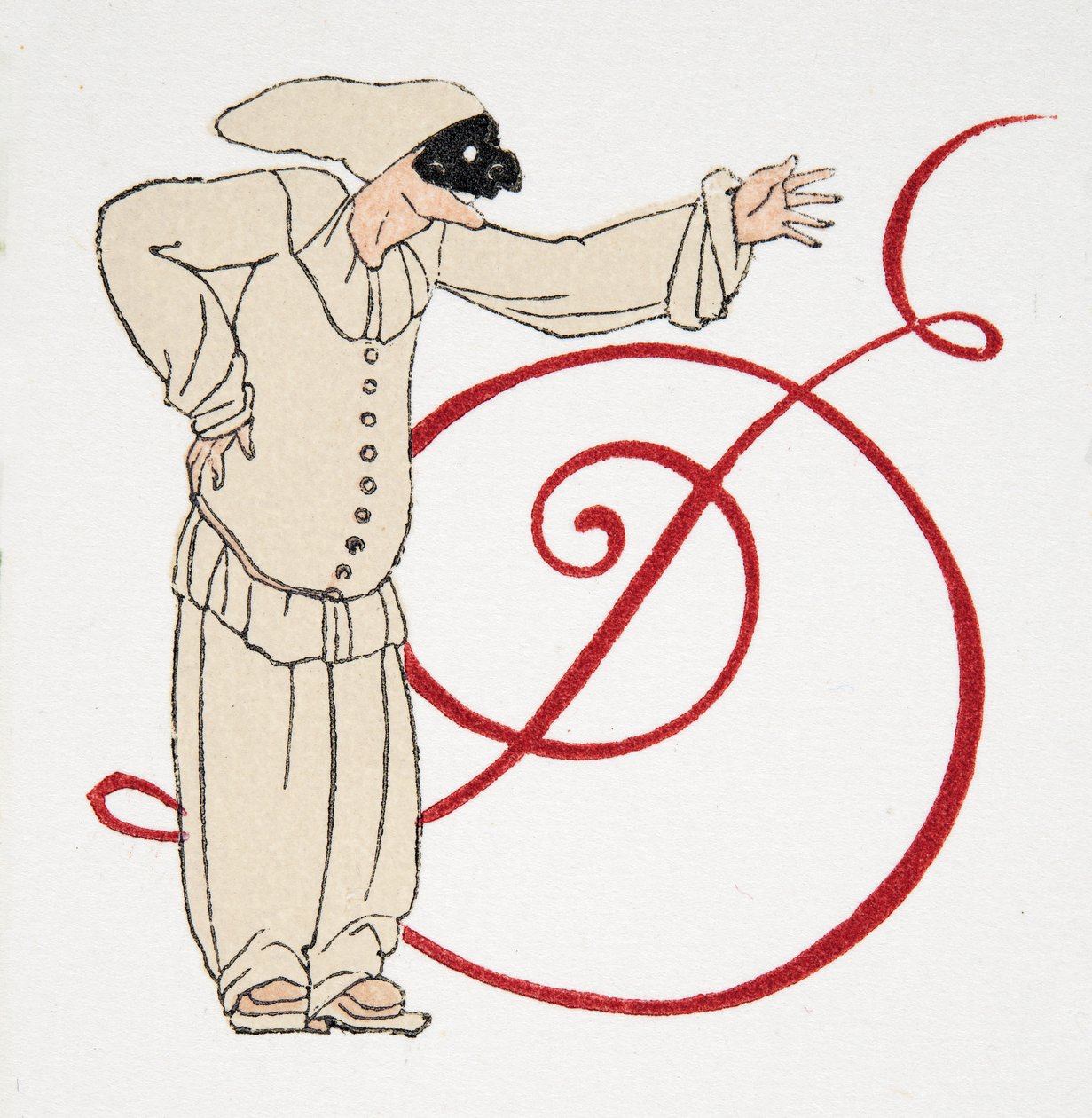Bokstav D, fra Personages de Comedie, pub. 1922 (stensiltrykk) av Francois Louis Schmied