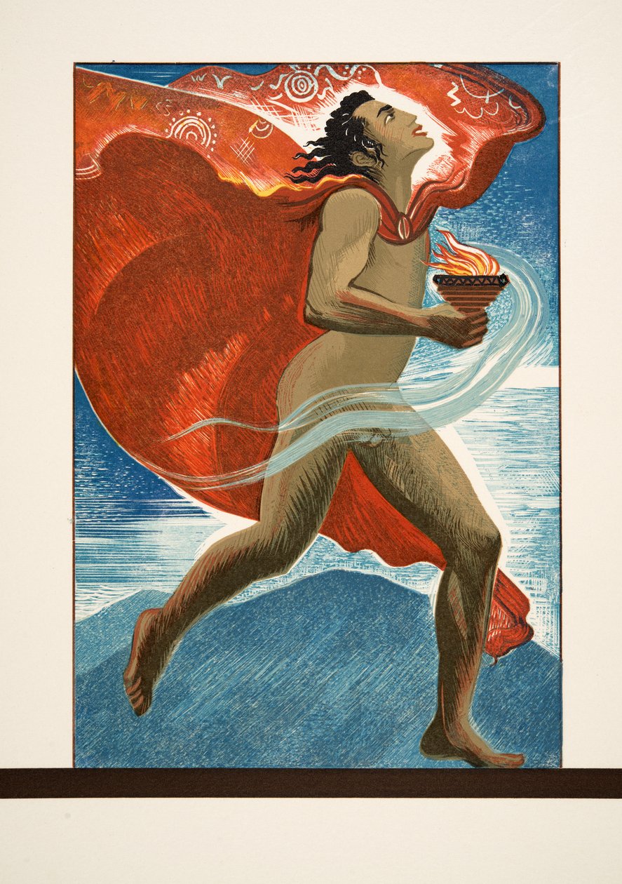 Prometheus Running with Fire, fra Prométhée Enchaîné av Aeschylus, pub. 1941 (pochoir-trykk) av Francois Louis Schmied
