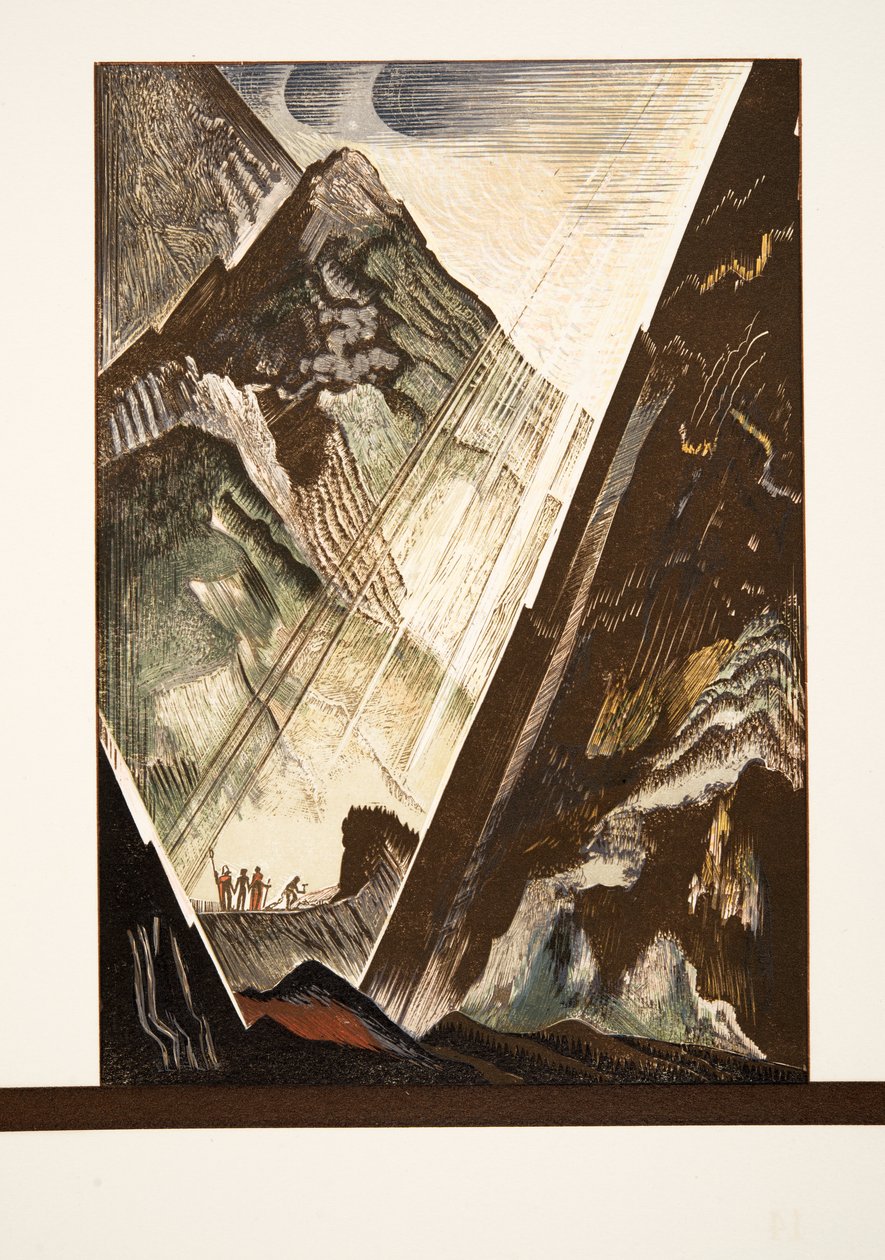 Prometheus blir spikret til klippen av Hephaestus, Kratos og Bia, fra Prométhée Enchaîné av Aeschylus, pub. 1941 (pochoir-trykk) av Francois Louis Schmied
