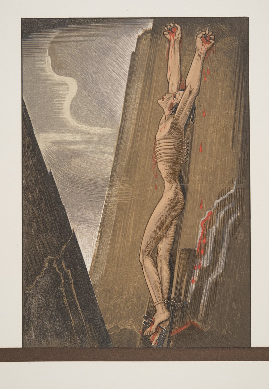 Prometheus spikret til klippen, fra Prométhée Enchaîné av Aeschylus, pub. 1941 (pochoir-trykk) av Francois Louis Schmied