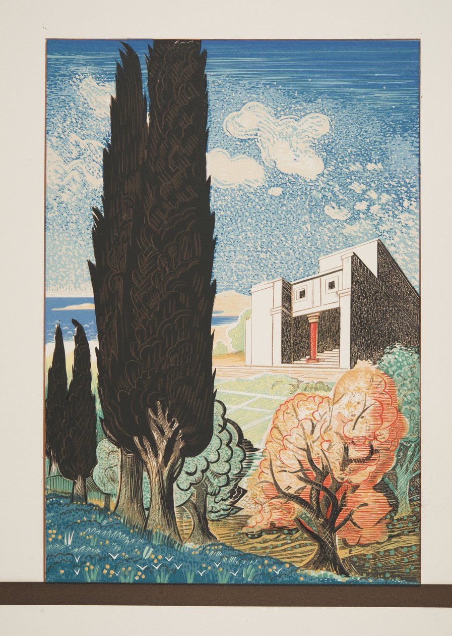 Tempel med Cypress Tree, fra Prometheus Enchained by Aeschylus, pub. 1941 (stensiltrykk) av Francois Louis Schmied