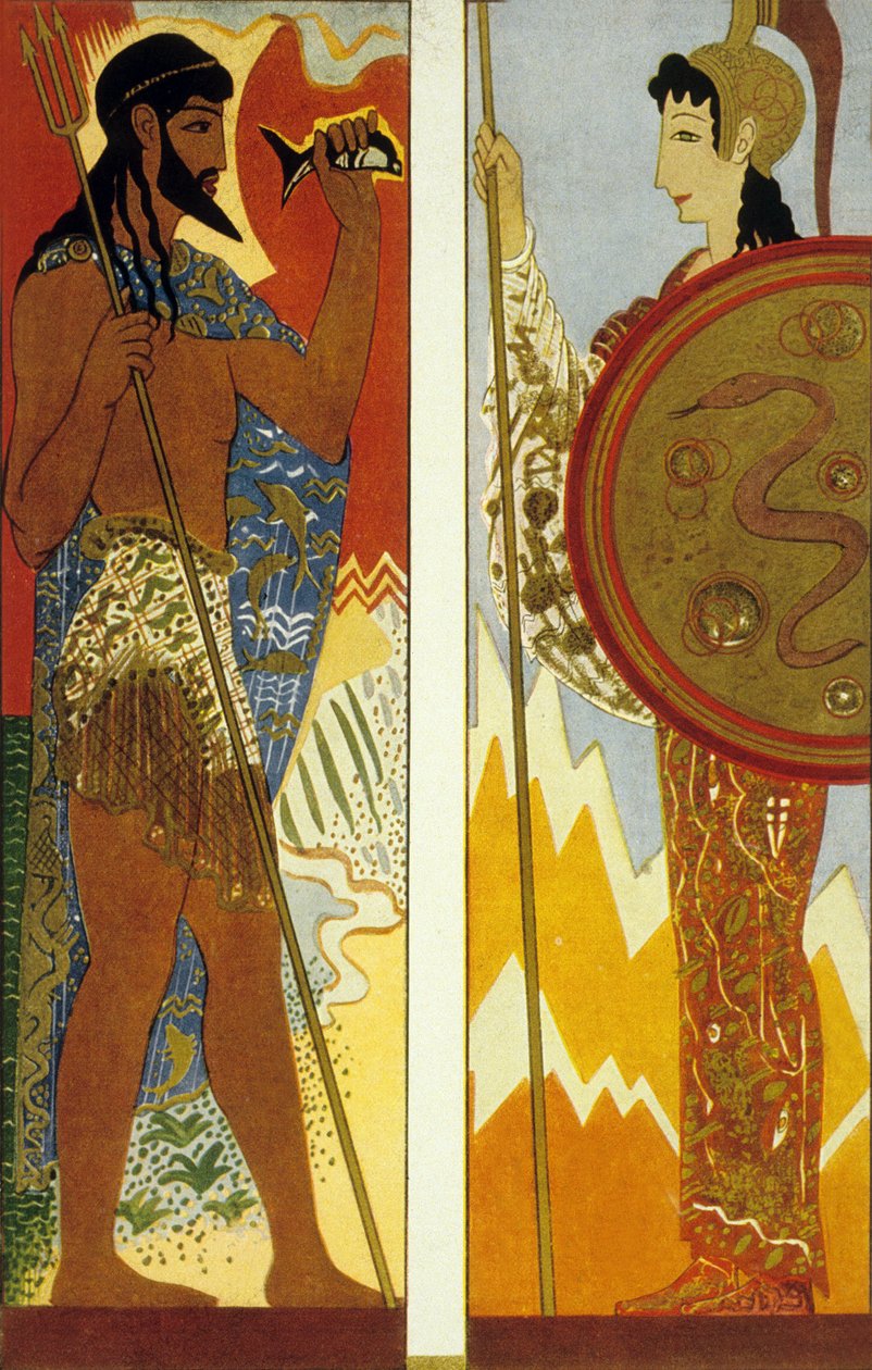 Odysseen av Homer: gudene Poseidon og Athena, gravert av Theo Schmied, 1930-33 farge litho av Francois Louis Schmied