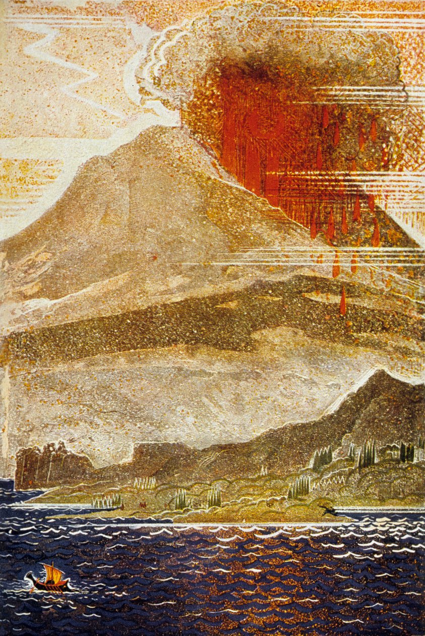 The Odyssey av Homer: Ulysses nærmer seg øya Cylop-vulkanen, gravert av Theo Schmied, 1930-33 farge litho av Francois Louis Schmied