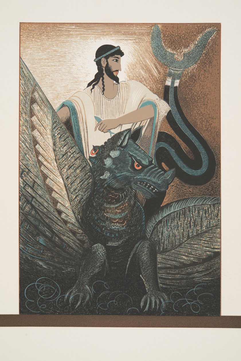 Ulysses and Dragon fra Prometheus Enchained av Aeschylus, pub. 1941 (stensiltrykk) av Francois Louis Schmied