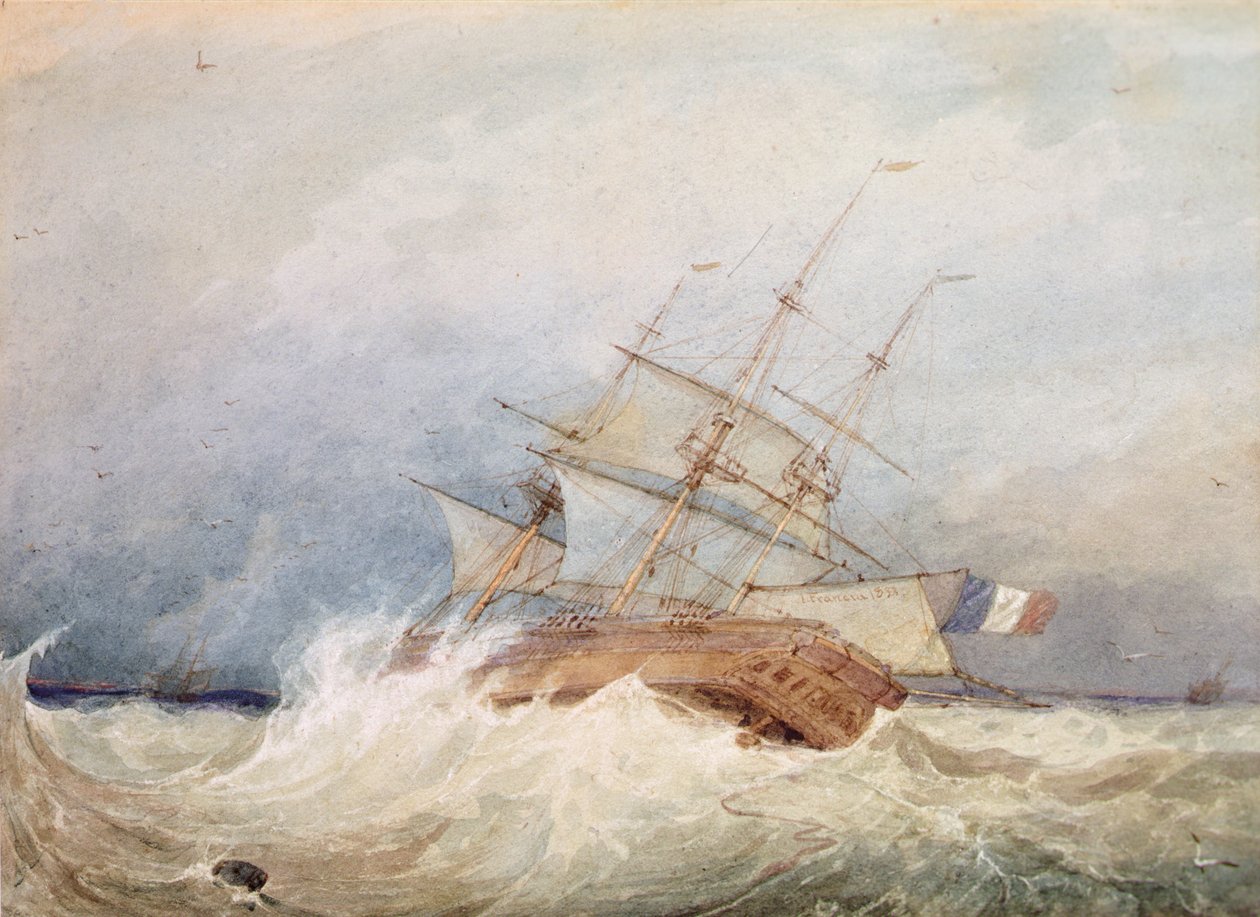En fransk fregatt i stormfullt vær (akvarell) av Francois Louis Thomas Francia