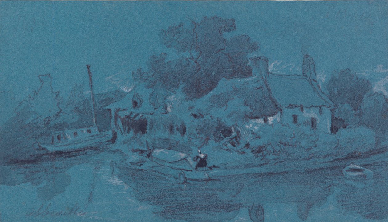 Abbeville (grafitt, grå vask, svart blekk og kroppsfarge på blått papir) av Francois Louis Thomas Francia