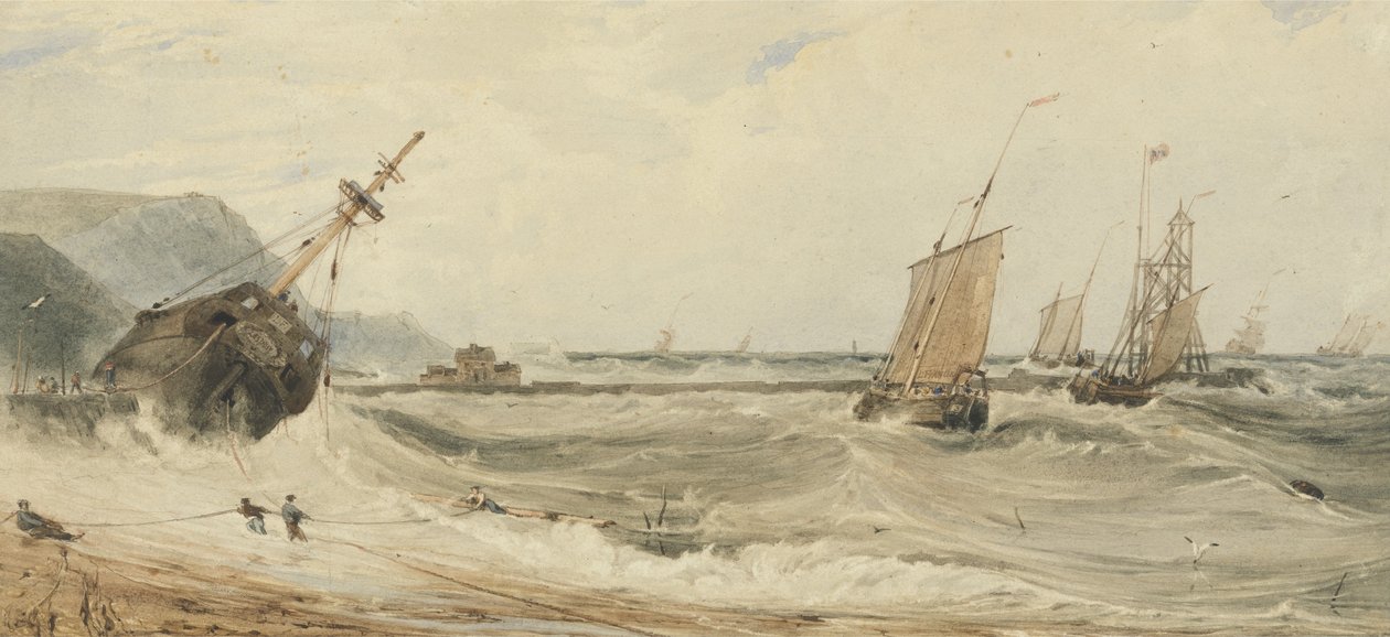 Boulogne havn (wc over grafitt og kroppsfarge på papir) av Francois Louis Thomas Francia