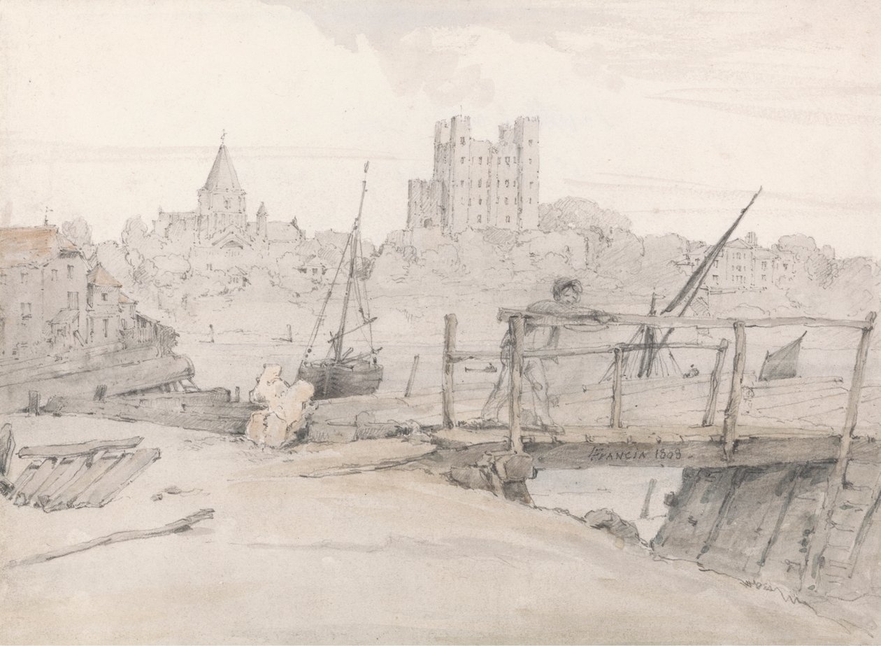 Sørøstutsikt over Rochester Castle og katedralen av Francois Louis Thomas Francia