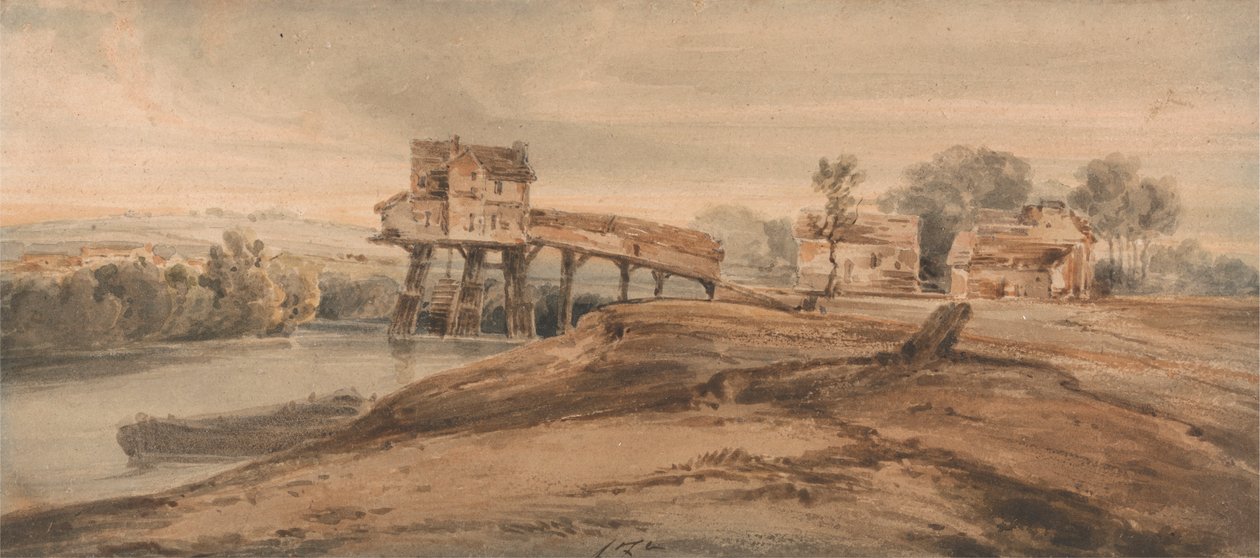 Vannmøllen over broen ved Charenton av Francois Louis Thomas Francia