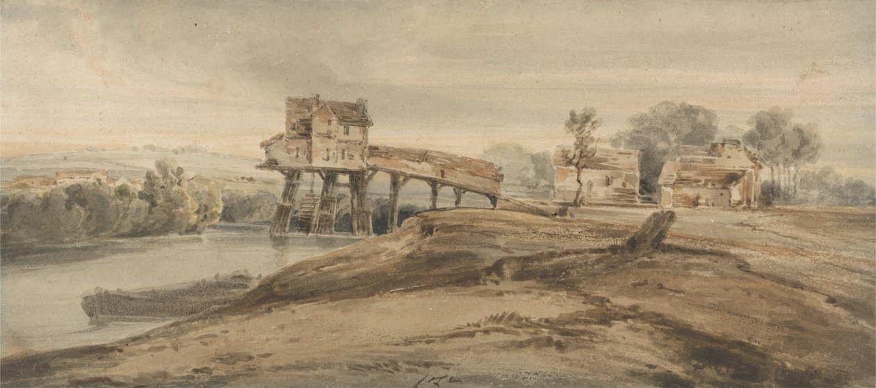 Vannmøllen over broen ved Charenton, etter et maleri av Thomas Girtin (1775-1802) (wc over grafitt på papir) av Francois Louis Thomas Francia