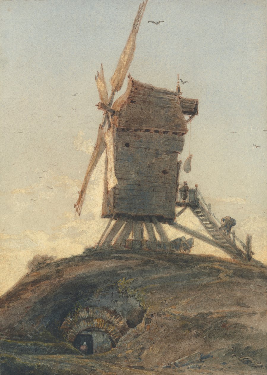 Vindmølle på en knaus i et landskap av Francois Louis Thomas Francia