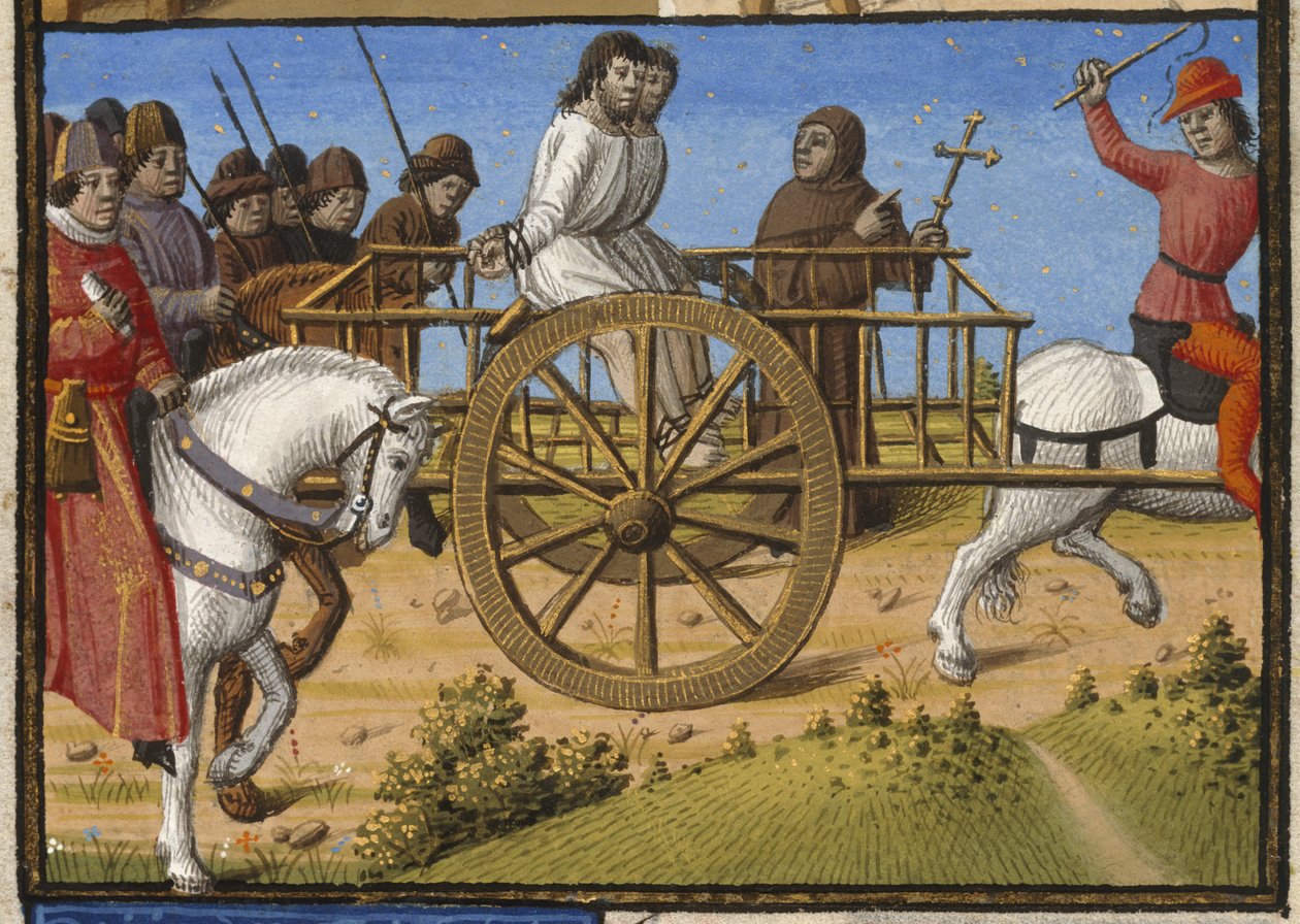 Harley 4375, f.140 To fanger i en vogn som blir ført til henrettelse, ledsaget av en prest, illustrasjon fra 