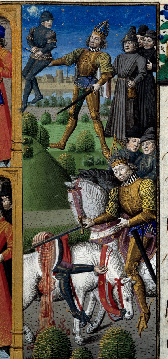 Scener fra livet til Karl den Store (742-814) Frankenes konge: kampscene. Ape. Miniatyr hentet fra manuskriptet "Speculum historiale"" (Le Mirror historial) av Vincent de Beauvais (1184/94-1264) belyst av mesteren Francois (1400-tallet) av Maître François