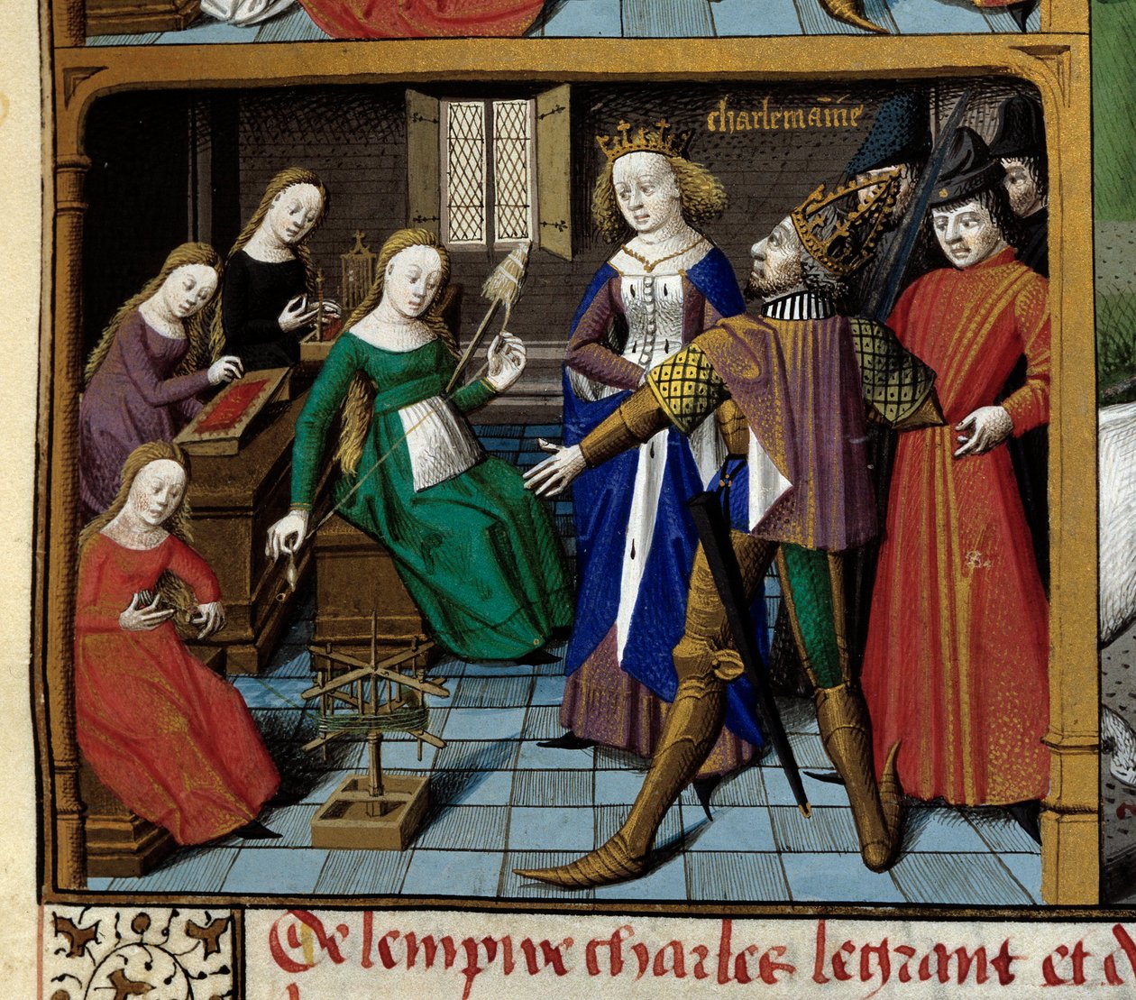 Scener fra livet til Karl den Store (742-814), kongen av frankerne: keiseren besøker kvinner som spinner ull. Miniatyr hentet fra manuskriptet "Speculum historiale"" (Le Mirror historial) av Vincent de Beauvais (1184/94-1264) belyst av Mesteren Franc av Maître François