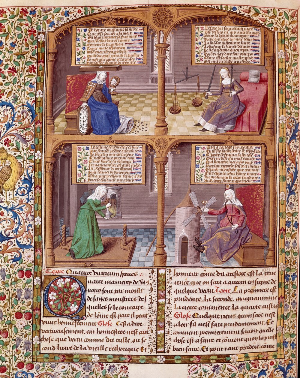 De fire kardinalvirusene: forsiktighet, styrke, kontinens og rettferdighet. Side hentet fra et manuskript av Seneque (Lucius Annaeus Seneca, 4 f.Kr.-65 e.Kr. JC), filosof ved den stoiske skolen, dramatiker og en romersk statsmann opplyst av mesteren Franco av Maître François