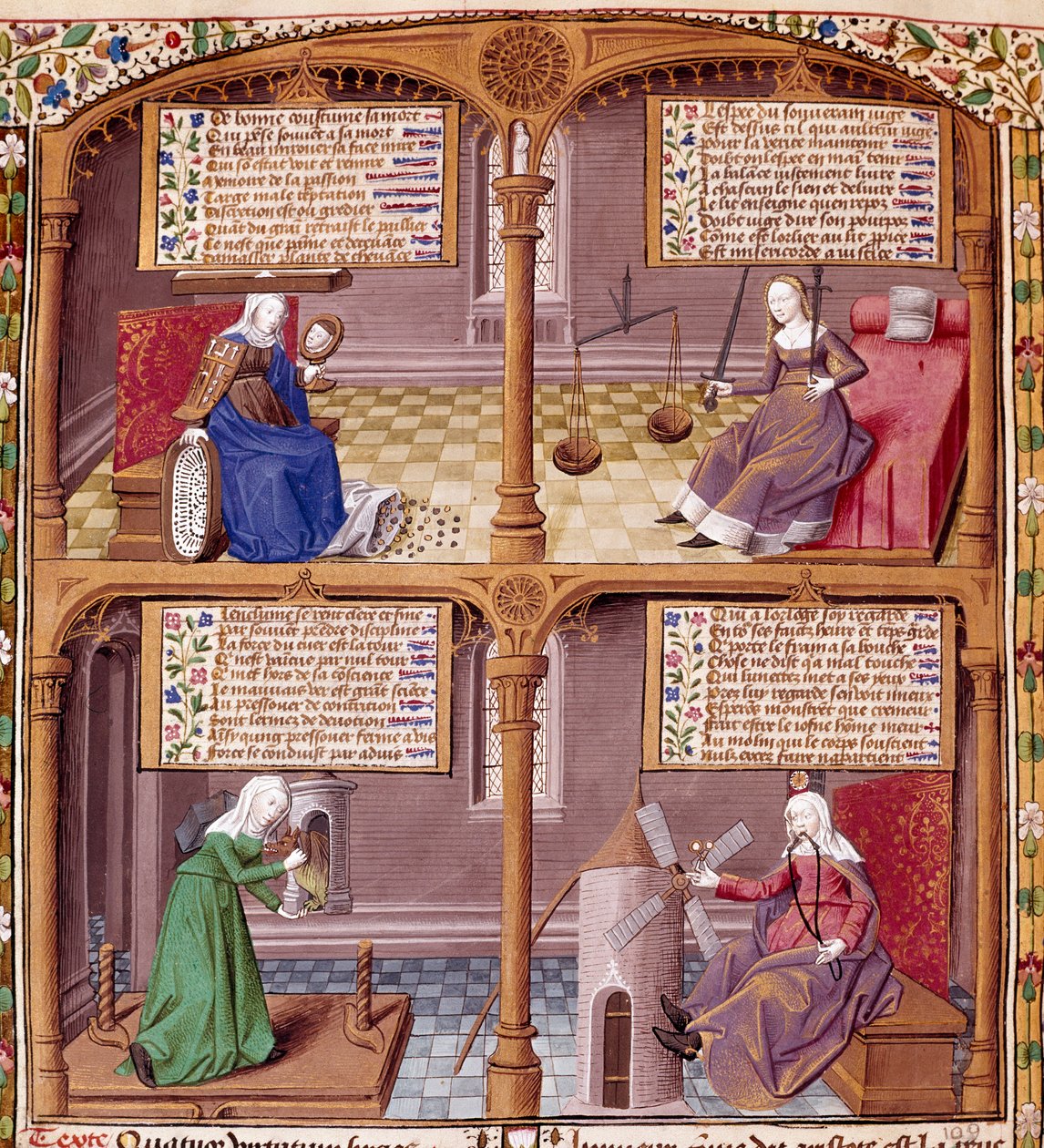 De fire kardinalvirusene: forsiktighet, styrke, kontinens og rettferdighet. Side hentet fra et manuskript av Seneque (Lucius Annaeus Seneca, 4 f.Kr.-65 e.Kr. JC), filosof ved den stoiske skolen, dramatiker og en romersk statsmann opplyst av mesteren Franco av Maître François