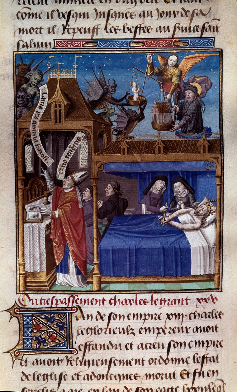 Charlemagnes død (742-814) Miniatyr hentet fra manuskriptet "Speculum historiale" (Le Mirror historial) av Vincent de Beauvais (1184/94-1264) belyst av Mester Francois (1400-tallet). Chantilly, Conde-museet av Maître François