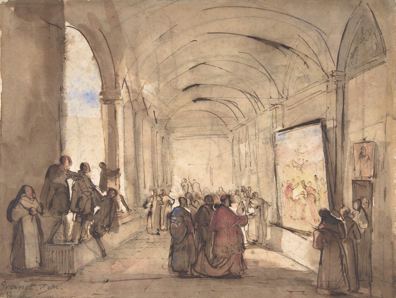En kardinal som undersøker et maleri i et kloster, første halvdel av 1800-tallet. av Francois Marius Granet