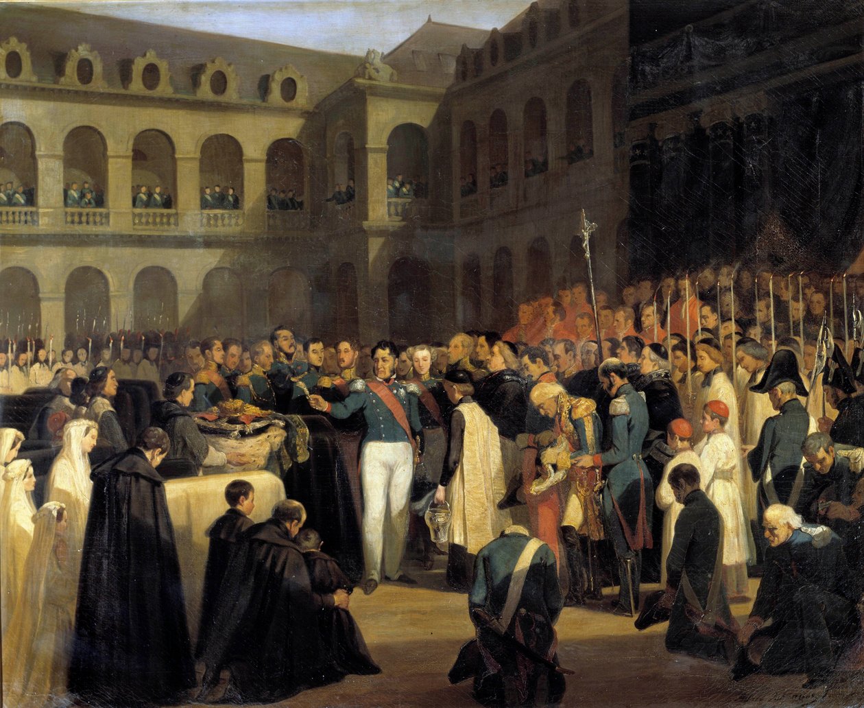 Begravelse for ofrene for Fieschi-angrepet 5.08.1835 i nærvær av kong Louis-Philippe Angrepet til Giuseppe Fieschi (korsikansk konspirator) fant sted 28. juli 1835 mot Louis-Philippe I, franskmennenes konge, Boulevard du Tempel i Paris. P av Francois Marius Granet