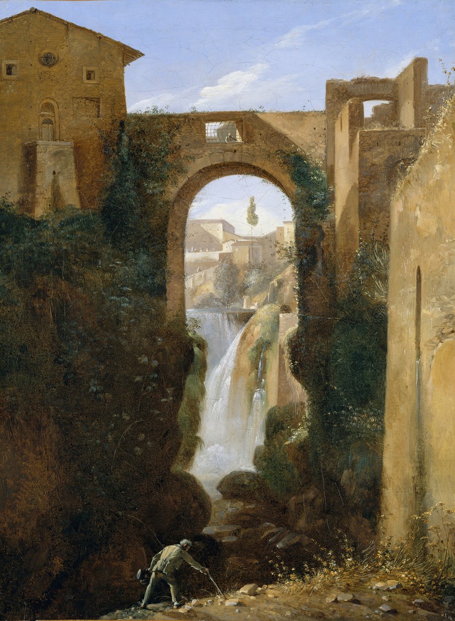 Ponte San Rocco og fossefall, Tivoli, ca. 1810-20. av Francois Marius Granet