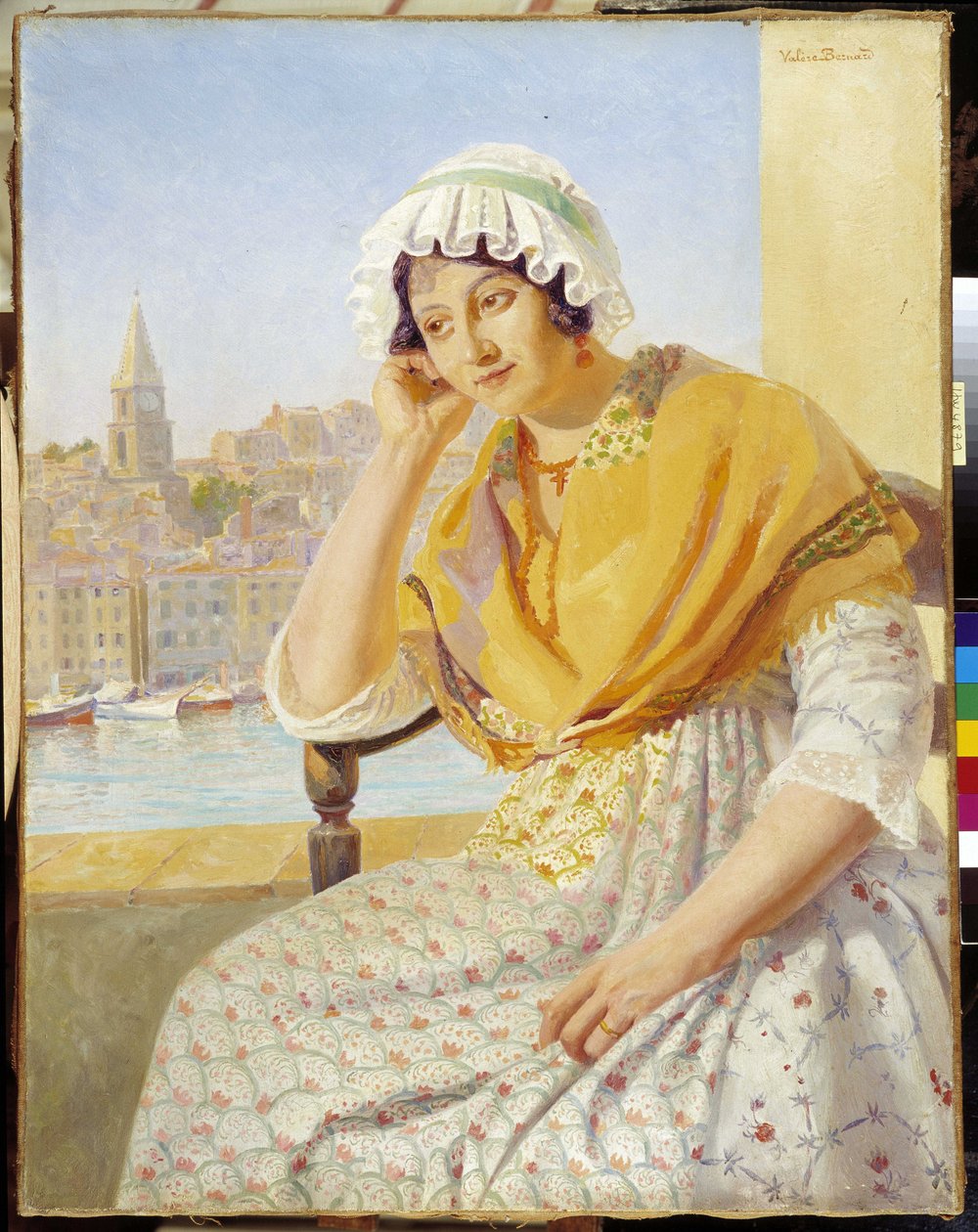Madame Contencin på terrassen quai de Rive-Neuve i Marseille. Maleri av Francois Marius Valere Bernard (1860-1936), Obligatorisk omtale: Samlingsstiftelsens hilsener fra Provence, Marseille. av Francois Marius Valere Bernard