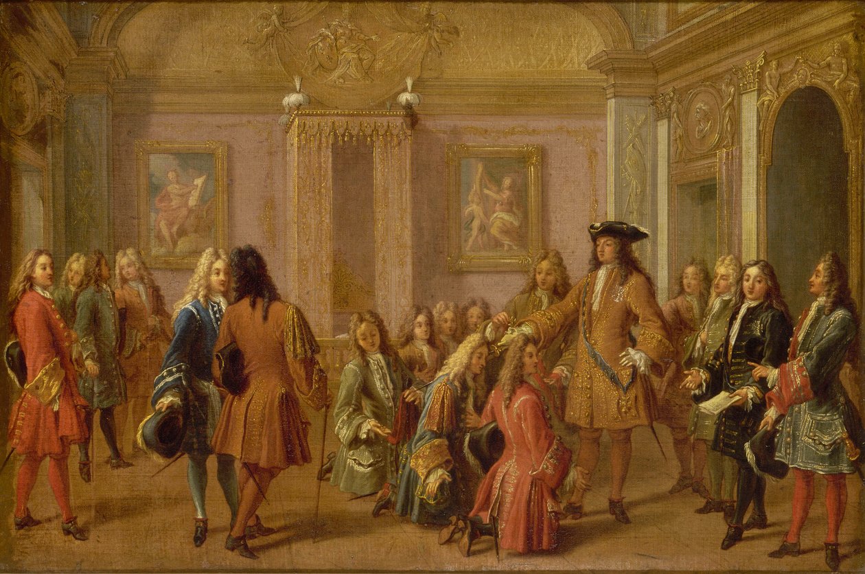 Den første promoteringen av Knights of Saint Louis av Louis XIV, Versailles 8. mai 1693, 1710. av Francois Marot