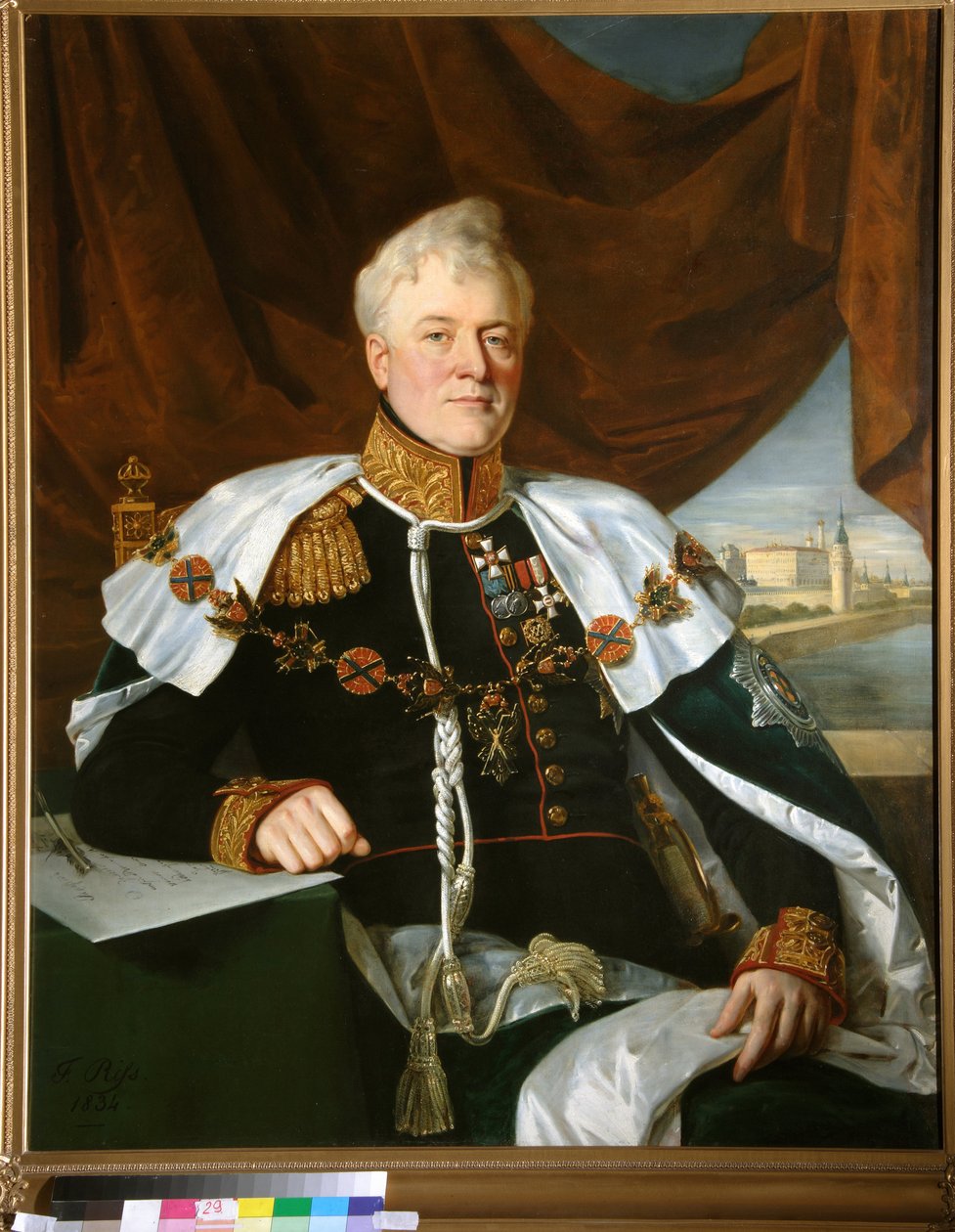 Portrett av prins Dimitri Vladimirovich Galitzine (Golitsyn) (1771-1844) med kragen av Saint Andre-ordenen (Saint-Andre) - Maleri av Francois Nicolas Riss (1804-1886), olje på lerret (122x100 cm) av Francois Nicholas Riss