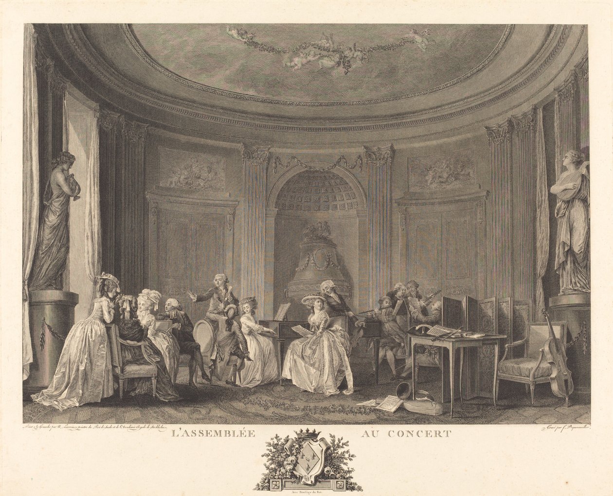 Forsamlingen på konserten av Francois Nicolas Barthelemy Dequevauviller after Nicolas Lavreince