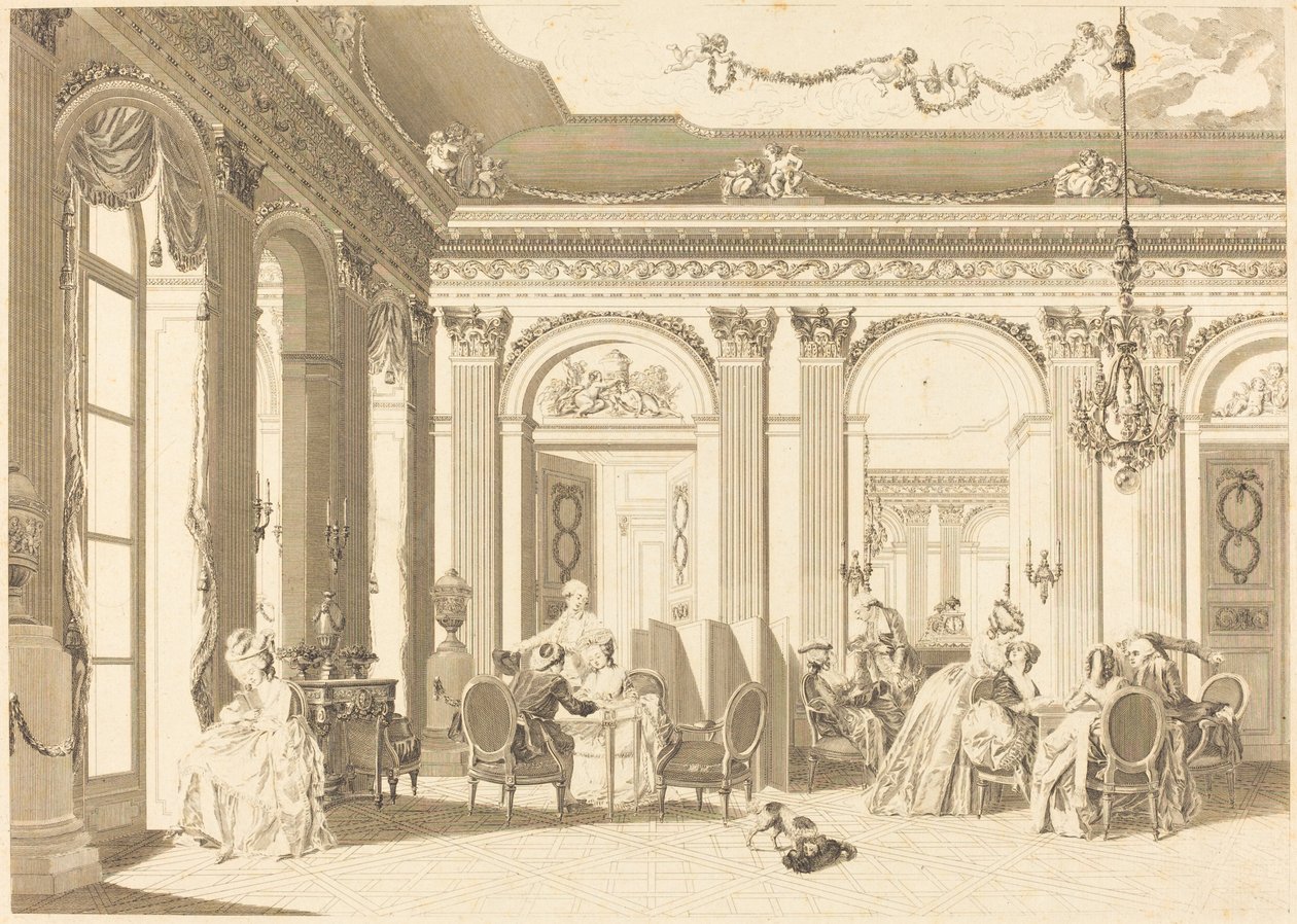 Forsamlingen i stua av Francois Nicolas Barthelemy Dequevauviller after Nicolas Lavreince