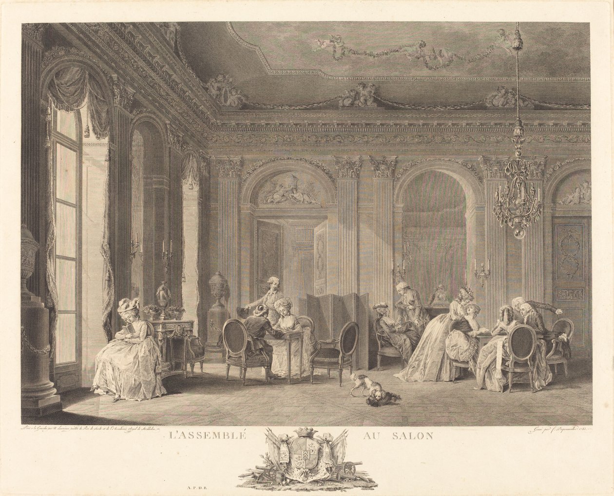Forsamlingen i stua av Francois Nicolas Barthelemy Dequevauviller after Nicolas Lavreince