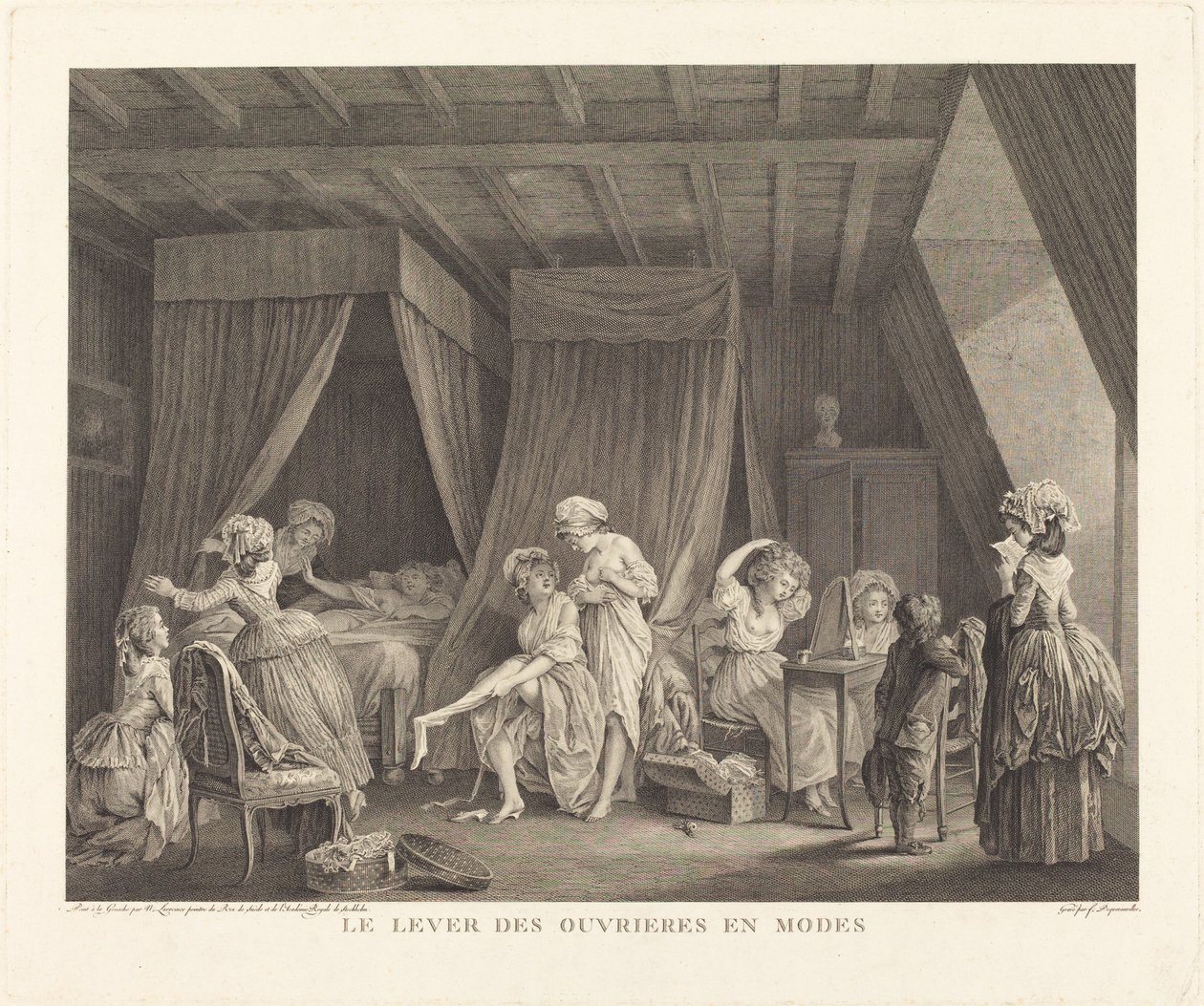 Fremveksten av arbeidere i moduser av Francois Nicolas Barthelemy Dequevauviller after Nicolas Lavreince
