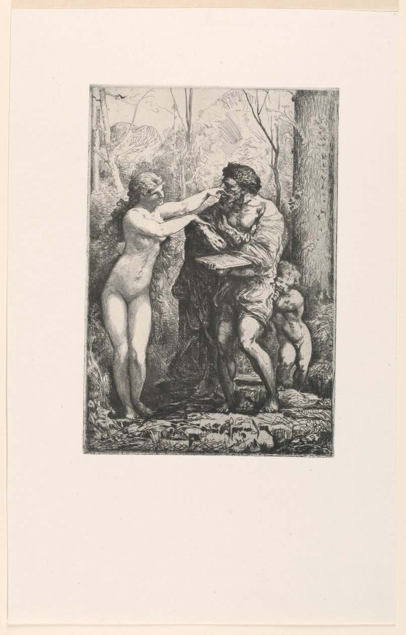 Kunstner og en nymfe, fra Twelve Etchings av Chifflart av Francois Nicolas Chifflart