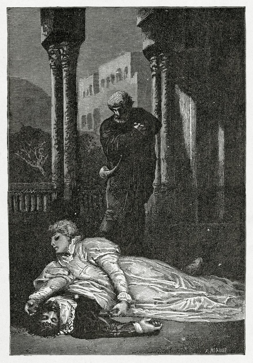 Dona Sol dør på Hernanis lik, 1800-tallet (bw-gravering) av Francois Nicolas Chifflart