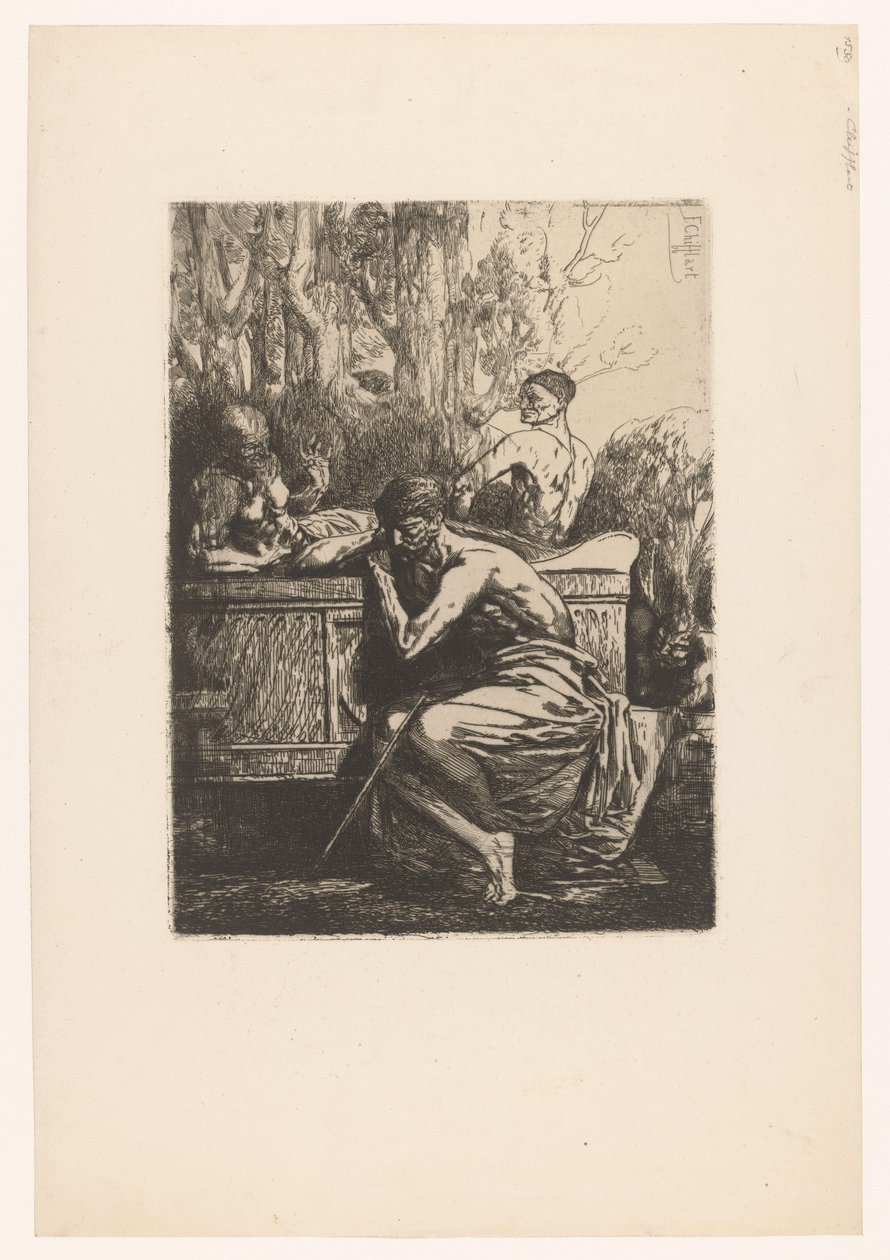 Klassieke voorstelling met mannen rond een sarcofaag Homme devant un tombeau antique Improvisations sur cuivre (series title)   1369569   no       norwegian Successfully Translated  Original: Copy after Annunciation of the Angel to Zechariah Translat: Copy av Francois Nicolas Chifflart