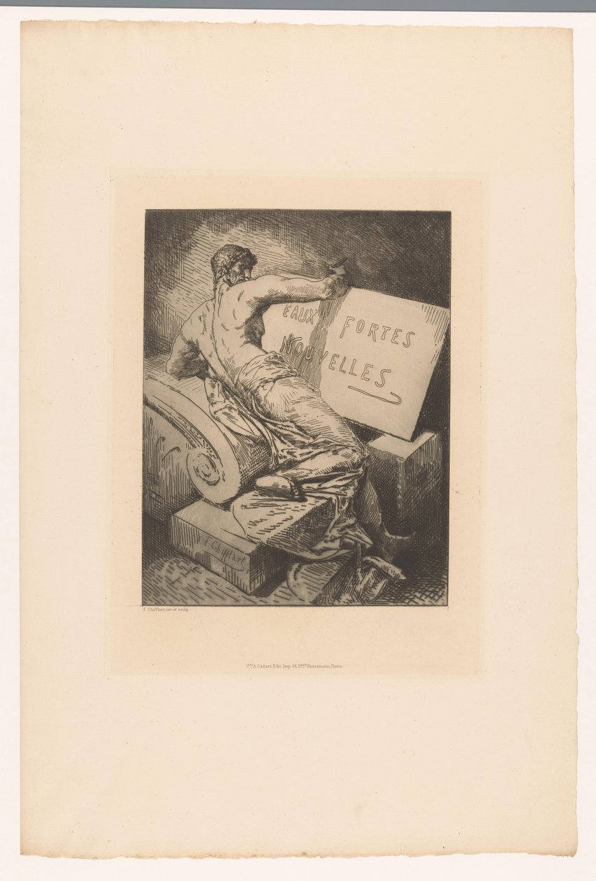 Titteltrykk med mann på stein monument Eaux Fortes Nouvelles (tittel på objekt) Etsninger av forskjellige trykkerier fra 1877 (serietittel) L