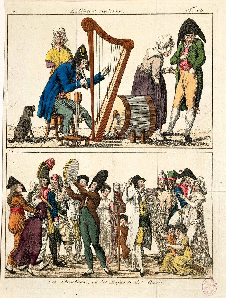 Karikatur av moderne Ossian og av gatesangere, av Francois Nicolas Martinet, gravering av Francois Nicolas Martinet
