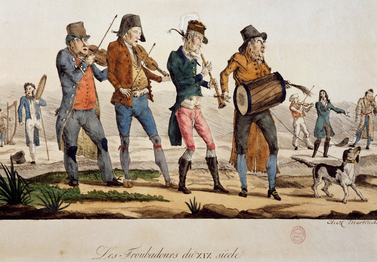 Ttroubadours av Francois Nicolas Martinet (1739-etter 1796), trykk, Frankrike av Francois Nicolas Martinet