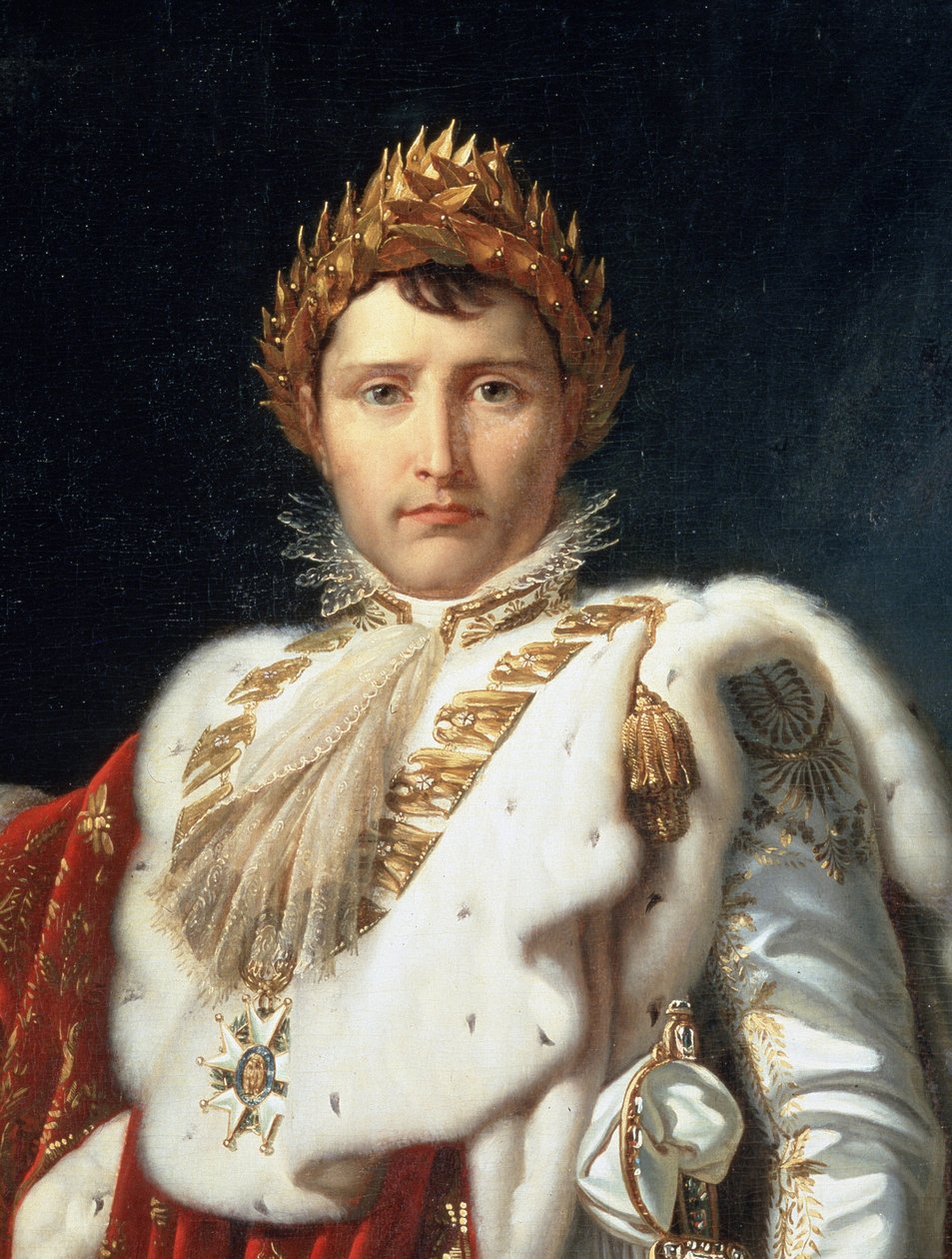 Full lengdeportrett av Napoleon I i kroningsdrakt, detalj, ca. 1805-10 av Baron François Pascal Simon Gérard