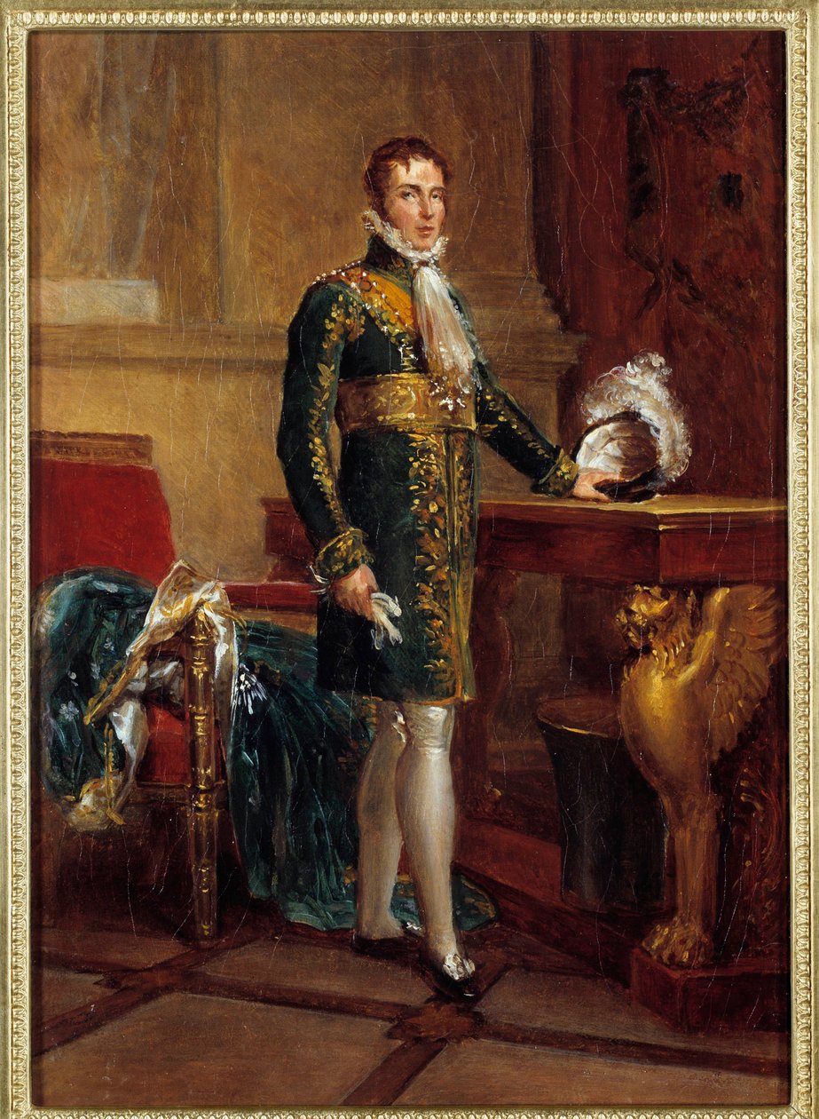 Portrait en pied de Eugene de Beauharnais dit Prince Eugene visekonge av Italia, deretter hertug av Leuchtenberg (1781-1824), adoptivsønn av Napoleon I Maleri av Francois Gerard (1770-1837) 1811 Dim. 0,32x0,23 m - portrett i full lengde av Eugene de Beauha av Baron François Pascal Simon Gérard