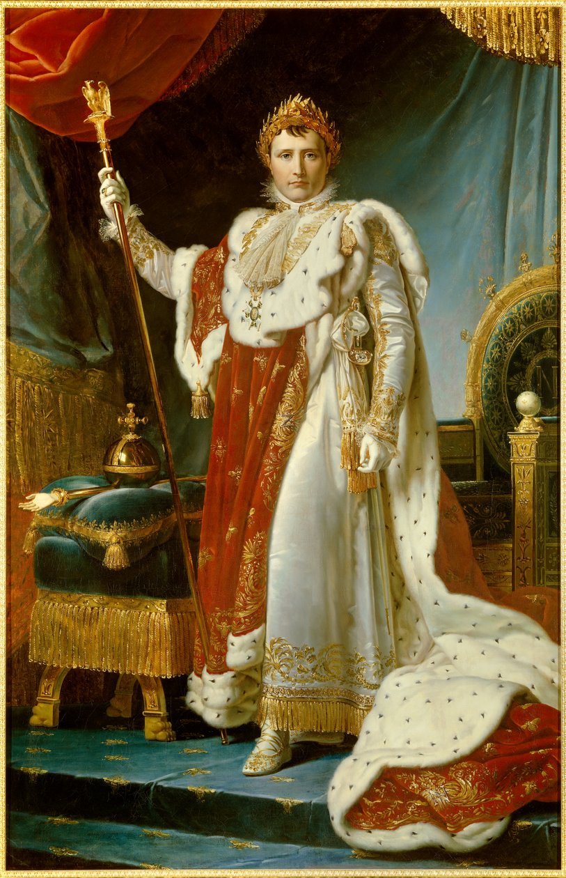 Portrett til fots av Napoleon I i hellig drakt (1769-1821) Keiseren av det franske maleriet av Francois Gerard (1770-1837). 1805. Dim. 2,23 x 1,43 m. Versailles, musee du Chateau - Hellengdeportrett av Napoleon I i kroningsklær (1769-1821) keiser av Baron François Pascal Simon Gérard