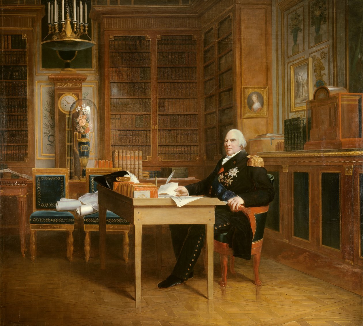 Portrett av Louis XVIII (1755-1824) har sitt kontor på Tuileriene, og mediterer på Charter-maleriet av Francois Gerard (1770-1837) etter Marigny. 1800-tallet. Dim. 2,7x3,1 m. - Portrett av Ludvig XVIII (1755-1824) som mediterer over charteret sittende kl. av Baron François Pascal Simon Gérard